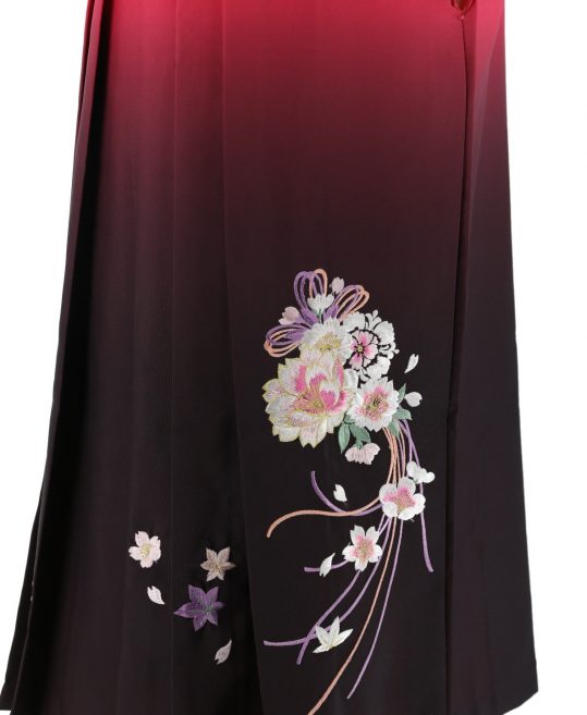 卒業式袴単品レンタル[刺繍]濃ピンク×黒ぼかしに花とリボン刺繍[身長143-147cm]No.774